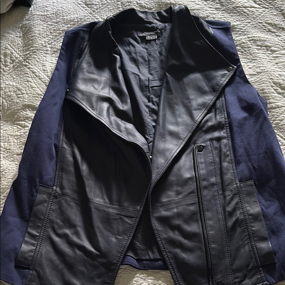 Vince Black and Blue Leather Jacket Asymmetrical Design